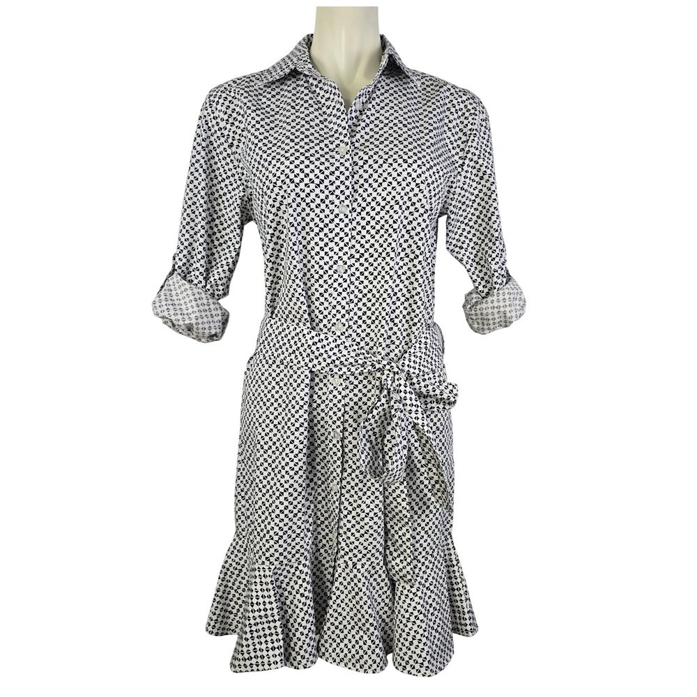 CHAPS Women's Geometric Shirt Dress Tie Waist Ruffle Hem Cotton Black White M - Picture 2 of 16